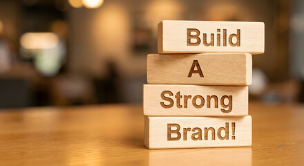 Inspirational Wooden Blocks with the Phrase Build A Strong Brand on a Wooden Surface
