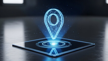 Holographic location pin icon glowing over modern digital tablet global positioning system gps navigation augmented reality concept urban background