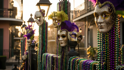 Mardi gras masks and colorful beaded necklaces hanging from iron fence in new orleans french quarter during sunset carnival celebration street decoration