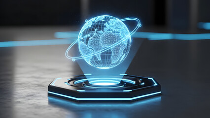 A glowing blue holographic globe, depicting a wireframe map of the earth, emanating from a futuristic hexagonal base on a dark, reflective surface, symbolizing global technology and connectivity