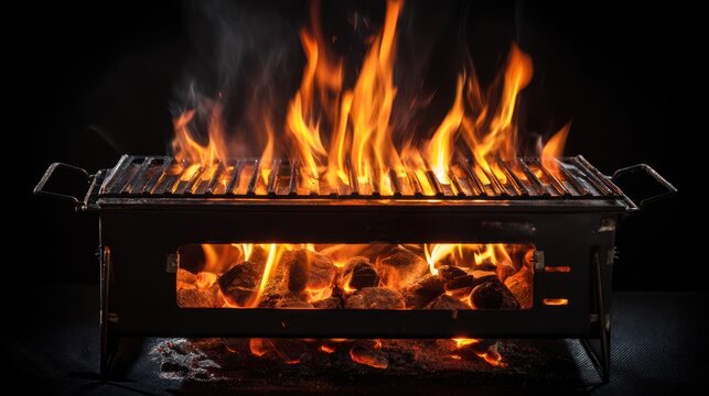 Flames rise high from a charcoal grill in a backyard space during the evening. The grill is filled with burning coals that create heat for cooking food outside.