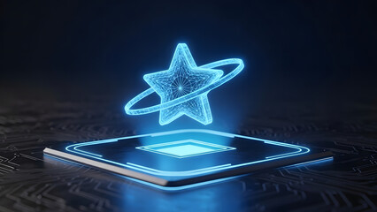 Glowing star wireframe with an orbital ring hovers above a sleek digital platform, symbolizing excellence, success, innovation, and technological achievement