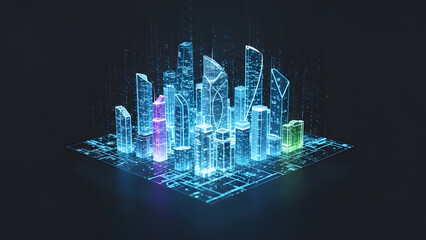 Futuristic smart city in a glowing blue digital grid with vibrant building holograms representing advanced urban planning and modern technological infrastructure