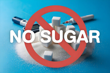 No sugar sign blocking sugar cubes with glucometer