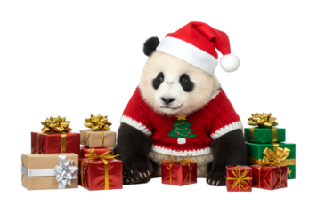 Cute baby panda wearing a festive Santa hat and a cozy Christmas sweater adorned with a tree, sitting happily among a pile of colorful gift boxes.