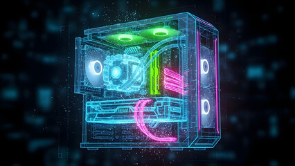 Wireframe transparent personal computer showing internal components with glowing neon lights and digital particles on a dark background representing high tech gaming and powerful hardware