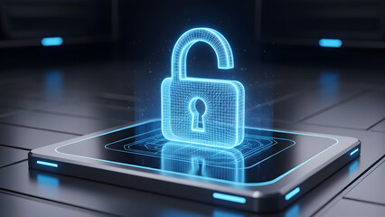 Unlocking digital security with a glowing wireframe padlock emerging from a futuristic smartphone screen, symbolizing advanced data protection and privacy in a dark, high-tech environment