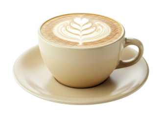 Delicious cup of coffee with beautiful latte art featuring a heart and leaf design, served in a creamy beige mug on a matching saucer, ready to be enjoyed.