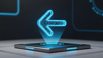 A futuristic digital display shows a glowing blue wireframe arrow pointing left, rendered as a hologram above a sleek, dark platform with intricate circuit patterns and neon accents