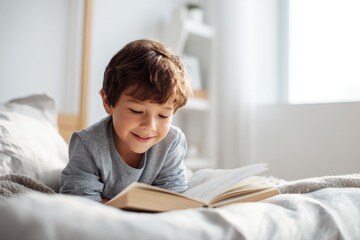 Young child enjoying reading a book in a cozy bedroom during the day