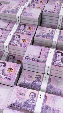 Thailand 500 Thai Baht Banknote Vertical Mobile 3D Animation ? Mobile Finance Motion, Money Flow, Economy, Banking and Currency Exchange