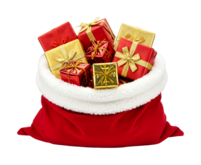 Santa's red sack overflowing with festive gift boxes wrapped in shiny red and gold paper, adorned with sparkling ribbons, ready for holiday celebrations.