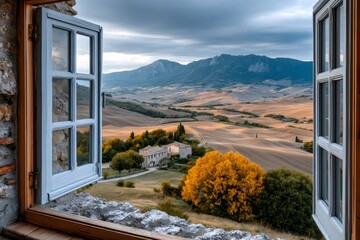 Open window overlooking tuscan hills and rustic farmhouse