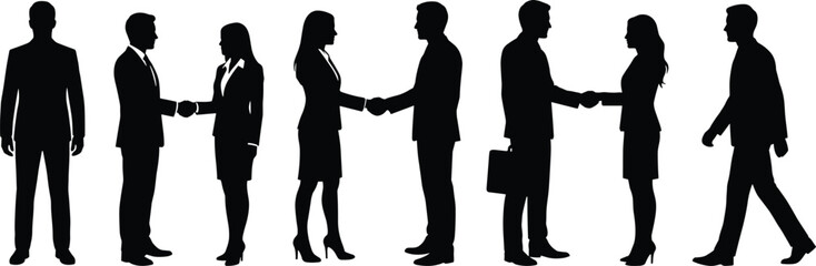 et of full length business people silhouettes illustrating teamwork, handshake agreements, professional corporate workers standing and walking, diverse career concept vector