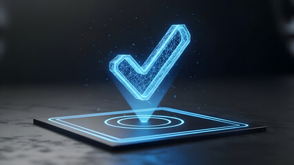 Checkmark icon glowing blue hologram on a dark background, concept of success completion approval validation confirmation acceptance and quality control