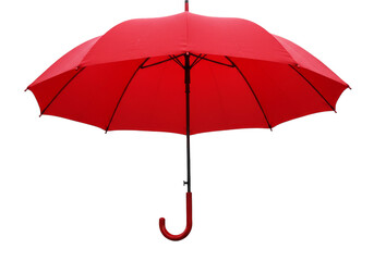 Vibrant red umbrella stands open, protecting from rain, with visible raindrops on its surface, symbolizing shelter and readiness for wet weather.