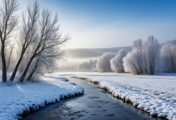 Winter morning in rural valley, snow-laden willows along a river bank