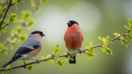 A pair of vibrant eurasian bullfinches, a male and a female, sitting together on a branch with new green leaves