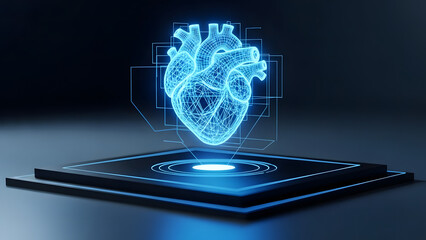 A glowing blue wireframe human heart organ is rendered as a hologram above a sleek, dark technological platform, featuring intricate circuit board designs and illuminated neon elements
