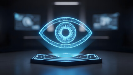 Eye icon glowing blue hologram with digital lines, biometric scanning and facial recognition concept for cybersecurity identity verification and surveillance