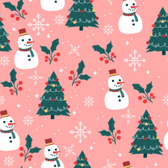 Seamless Christmas Holiday Vector Pattern with Christmas Tree, Snowflakes, Snowman. Seasonal design