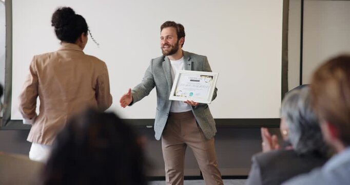 Seminar, handshake and success with business people on stage for award ceremony, thank you and winner. Shaking hands, certificate and conference with employees at event for support and promotion