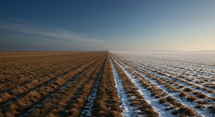 Obraz premium Dramatic landscape where winter transitions into spring at the distant horizon, showcasing the continuous cycle and passage of time in nature, distant, scenic, outdoors
