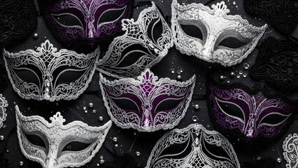 A collection of ornate venetian carnival masks in various patterns including purple, white, and black lace, scattered on a dark background with sparkling beads and pearls