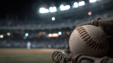 A baseball rests on a glove in a stadium during a night game. The field is lit up and players can be seen in the background focusing on the action.