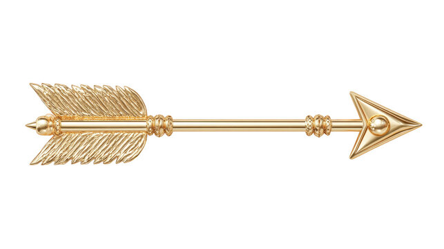Golden arrow with detailed feather and pointed tip isolated on transparent background symbolizing direction luxury and achievement suitable for design decoration or icon use