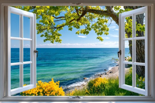 Open window overlooking vibrant summer beach landscape