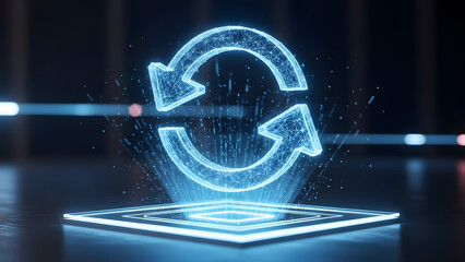 A glowing blue refresh icon made of digital particles hovers above a futuristic dark platform representing data synchronization or cyclical process in technology concept