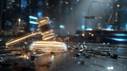 Golden Metal Judge Gavel On Reflective Surface With Sparkling Light Particles Against High Tech Blurred Background