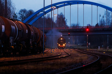 old steam train at night with lights 528141-5 Dampflok in saxony germany