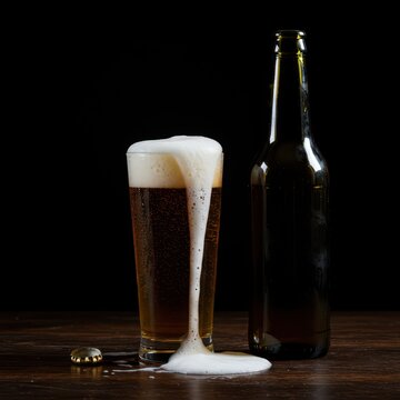 Classic still life composition featuring a cold glass of golden lager, an unopened beer bottle, and white foam overflowing on a dark wooden table surface, condensation, closeup, refreshing
