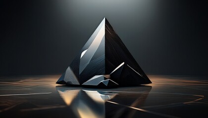 black pyramid stone sculpture on reflective floor