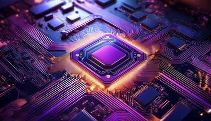 close up view of a radiant purple microchip embedded in an intricate circuit board design