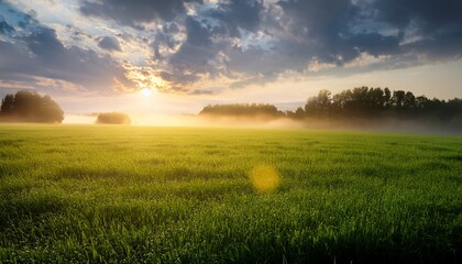 misty field sunrise green grass sun rays and gray clouds