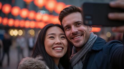 Happy interracial couple taking a selfie at a night festival. A smiling man and woman capture a memory with a smartphone under red lanterns. Love and travel concept