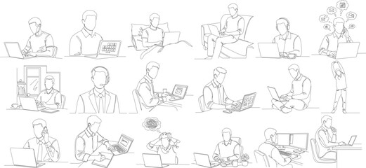 Continuous Line Drawing People Working on Laptop and Tablet Illustration