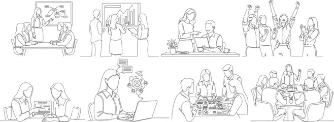 Line Art Thin Stroke People at Work Meeting Business Illustration