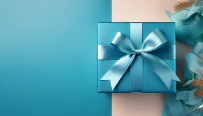 the elegant blue gift box with a ribbon on a pastel background