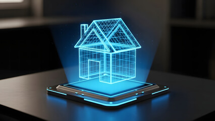 Futuristic device projects wireframe holographic model of house onto dark background illustrating modern architectural design and smart home technology concepts