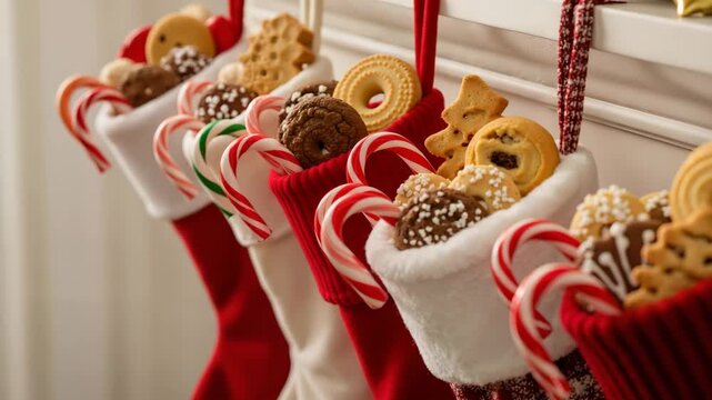 Christmas stockings filled with cookies and candy canes. Festive holiday decorations hanging in a row with sweet treats. Traditional holiday celebration concept