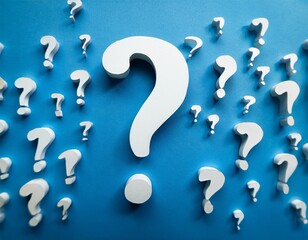the white question marks on a soft blue background representing curiosity and inquiry
