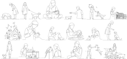 Line Drawing Diverse People Doing Various Activities Set Illustration