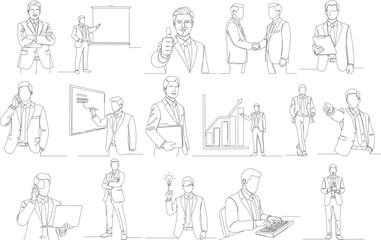 Line Art Detailed Businessman Character with Different Poses Lineart Illustration