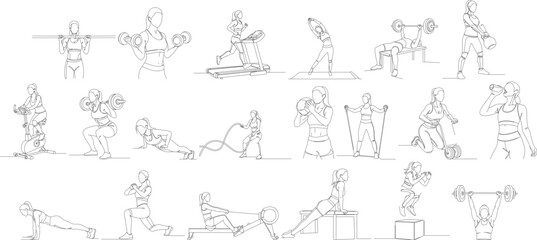 Line Art Fitness Training Man Exercise Sport Activity Silhouette Collection