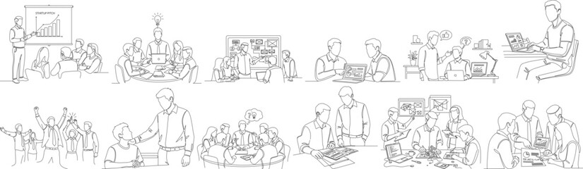 Black and White Outline Sketch Crowd Silhouette People Collection Illustration