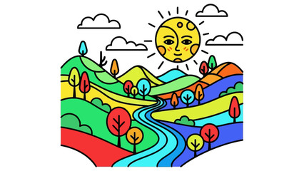 A vibrant and colorful stylized landscape illustration featuring rolling hills, a winding river, trees, clouds, and a smiling sun.